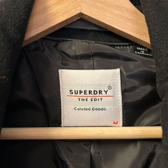 SuperDry Buckle The Edit Wool Blend Black Coat Size Medium - Picture 5 of 9